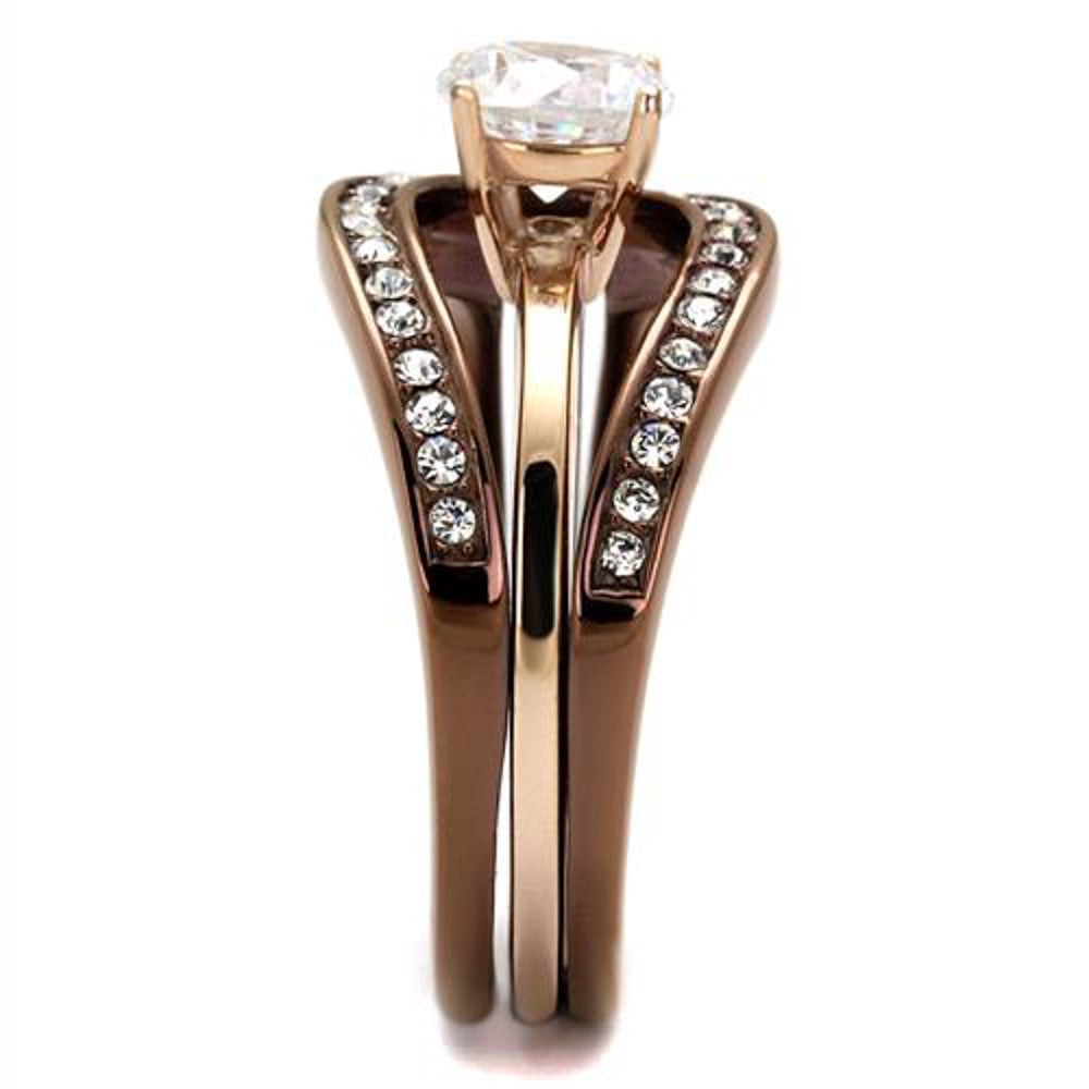 ARTK2032LC Gold & Brown Stainless Steel 1Ct Cz Rose 2 Piece Wedding Ring Set Womens Sz 5-10